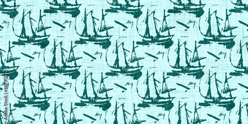 Teal green white vibrant watercolor batik azulejos tile border banner background. Seamless aqua coastal blur linen effect geometric mosaic effect.Boho Patchwork nautical masculine summer ribbon trim. 