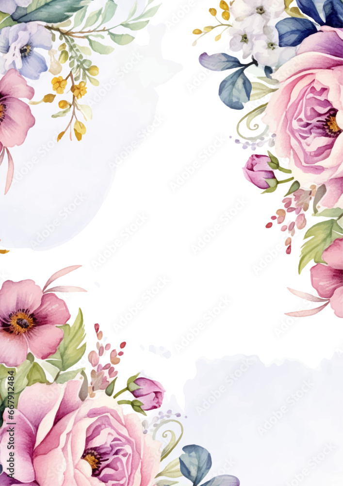 Pink watercolor hand painted background template for Invitation with flora and flower