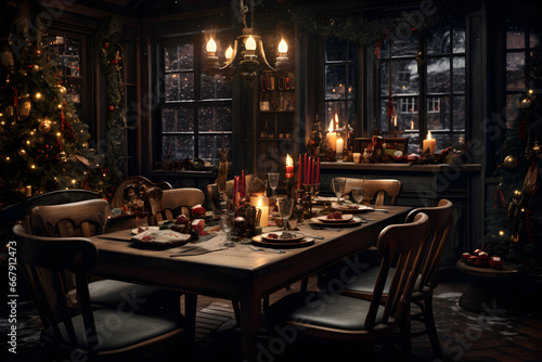 New Year table  Christmas meal  Christmas decorated table  winter table  Christmas Cookies  winter holidays concept  Merry Christmas and Happy New Year background  light effects  New Year celebration