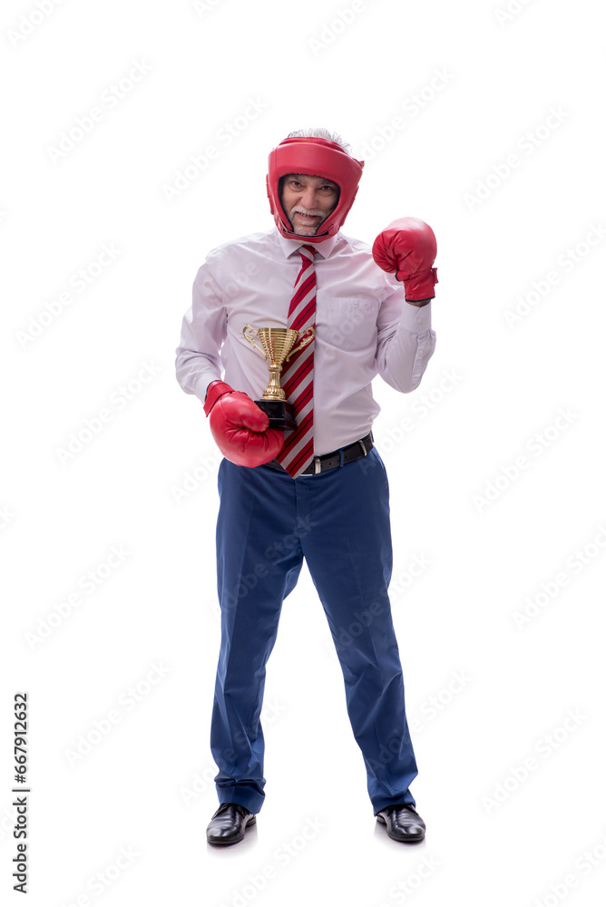 Old businessman boxing isolated on white Old businessman boxing isolated on white