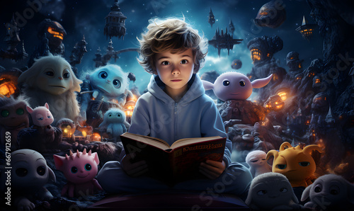 un petit garçon lit un livre dans sont lit et s'imagine vivre des aventures