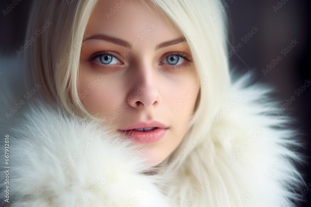 Pretty young woman wearing fur coat closeup. Generative AI Pretty young woman wearing fur coat closeup. Generative AI