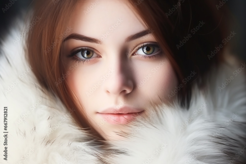 Pretty young woman wearing fur coat closeup. Generative AI Pretty young woman wearing fur coat closeup. Generative AI
