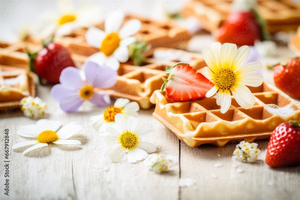 Homemade waffles served with flowers and strawberries, on the wooden table. Generative AI Homemade waffles served with flowers and strawberries, on the wooden table. Generative AI
