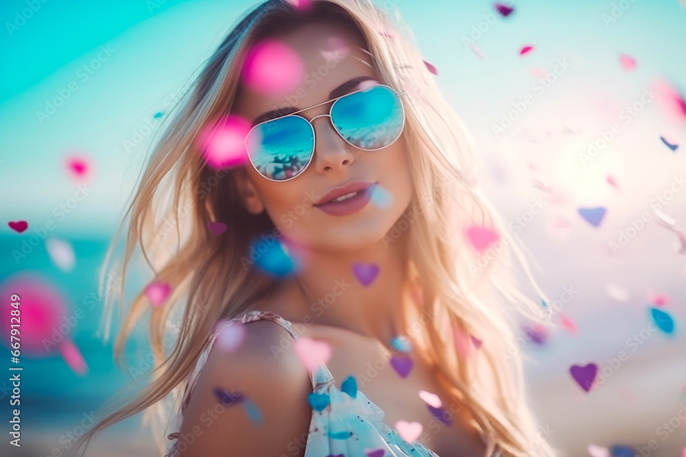 Beautiful blond woman with confetti. Generative AI Beautiful blond woman with confetti. Generative AI