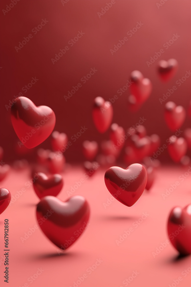 Flying red glossy volumetric hearts, Valentine Day symbol. Generative AI
