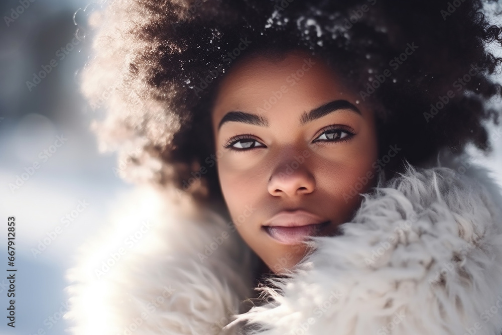 Pretty young afro-american woman wearing fur coat closeup. Generative AI Pretty young afro-american woman wearing fur coat closeup. Generative AI