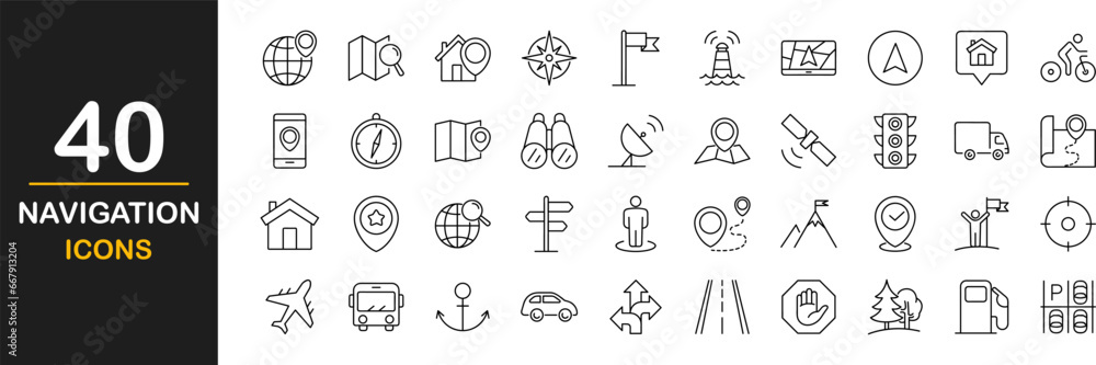 Navigation web icons set. Locations - simple thin line icons collection. Containing route map, navigation, map with a pin, location, direction, maps, traffic and more. Simple web icons set Navigation web icons set. Locations - simple thin line icons collection. Containing route map, navigation, map with a pin, location, direction, maps, traffic and more. Simple web icons set