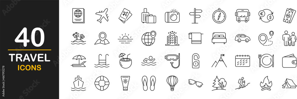 Fototapeta premium Travel web icons set. Traveling and tourism - simple thin line icons collection. Containing summer vacations, holiday, tour, hotel, airport, trip and more. Simple web icons set