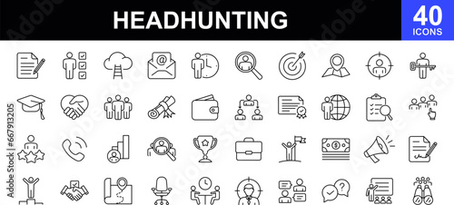 Headhunting web icons set. Head hunting - simple thin line icons collection. Containing job interview, hiring process, candidat, team, Career Path, Resume and more. Simple web icons set
