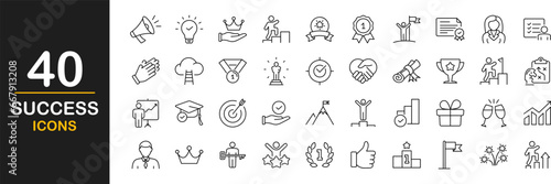 Success web icons set. Business success - simple thin line icons collection. Containing leadership, goals, ambition, achievement, challenge, reward, winner, star, cup, and more. Simple web icons set