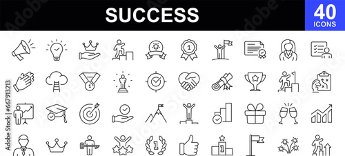 Success web icons set. Business success - simple thin line icons collection. Containing leadership, goals, ambition, achievement, challenge, reward, winner, star, cup, and more. Simple web icons set