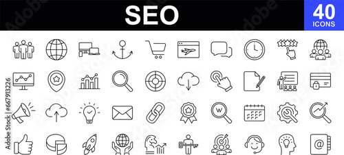 SEO web icons set. Search Engine Optimization - simple thin line icons collection. Containing target, website stats, watch list, marketing and more. Simple web icons set