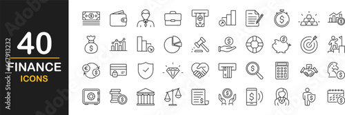 Finance web icons set. Money - simple thin line icons collection. Containing wallet, ATM, bundle of money, hand with a coin, portfolio analysis, financial report and more. Simple web icons set