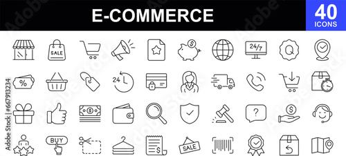 E -Commerce web icons set. E - Commerce - simple thin line icons collection. Containing shopping cart, support, credit card, discount, search, market, shop, delivery and more. Simple web icons set