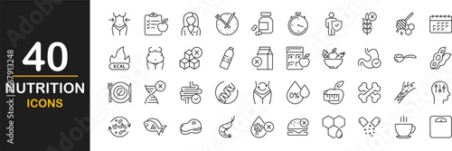 Nutrition web icons set. Healthy food - simple thin line icons collection. Containing detox, diet, fat, protein, vegetables, fruit, carbohydrates, sugar and more. Simple web icons set