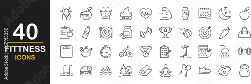 Fitness web icons set. Sport and fitness - simple thin line icons collection. Containing gym, healthy lifestyle, exercise, diet, weight training, body care, workout and more. Simple web icons set
