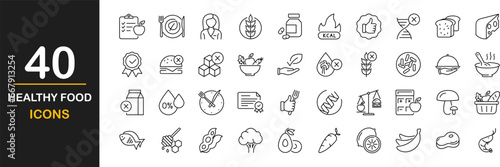 Healthy Food web icons set. Organic Food - simple thin line icons collection. Gluten lactose, and sugar free, not GMO, palm oil, diet and more. Simple web icons set