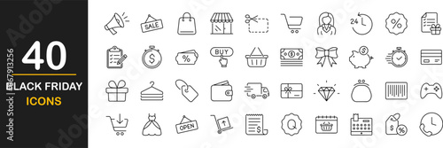 Black friday web icons set. Shopping - simple thin line icons collection. Containing promotions, coupon, discounts shopping, shopping cart and more. Simple web icons set