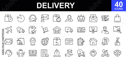 Delivery service web icons set. Delivery and Logistics - simple thin line icons collection. Containing is shipping, order tracking, warehouse, truck, courier, cargo and more. Simple web icons set