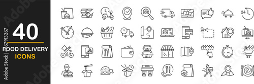 Food delivery web icons set. Restaurant food delivery - simple thin line icons collection. Containing is food box  courier on bike  door contactless delivery  fast food  dinner. Simple web icons set
