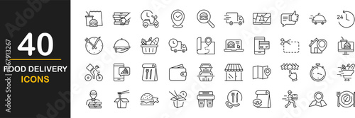 Food delivery web icons set. Restaurant food delivery - simple thin line icons collection. Containing is food box, courier on bike, door contactless delivery, fast food, dinner. Simple web icons set