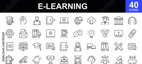 E-learning web icons set. Online education - simple thin line icons collection. Containing video tuition, digital education, learning, online course, website, webinar and more. Simple web icons set