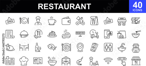 Restaurant web icons set. Food and drinks - simple thin line icons collection. Containing meal, restaurant, dishes, fruits and more. Simple web icons set