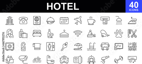 Hotel web icons set. Hotel and vacation - simple thin line icons collection. Containing hotel services, relax, travel, service, room, booking, facilities and more. Simple web icons set