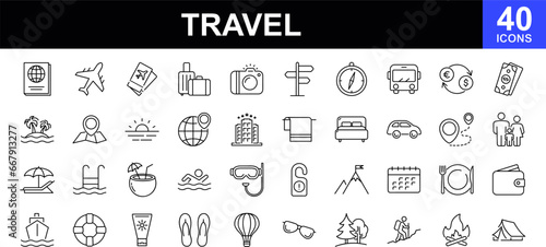 Travel web icons set. Traveling and tourism - simple thin line icons collection. Containing summer vacations, holiday, tour, hotel, airport, trip and more. Simple web icons set