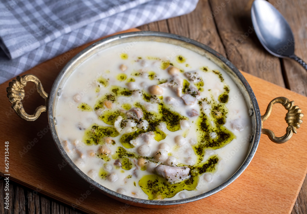 Traditional delicious Turkish food; Yuvalama soup, Turkish name; Yuvalama corbasi Traditional delicious Turkish food; Yuvalama soup, Turkish name; Yuvalama corbasi