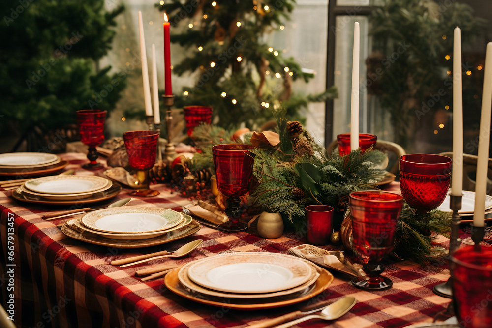 Christmas decorated table, winter table setting, red decorated details, prepared New Year's dinner, holiday mood