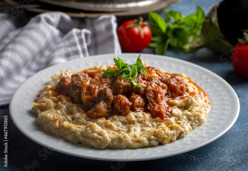 Turkish Food Hunkar Begendi made with Eggplant and Meat. photo