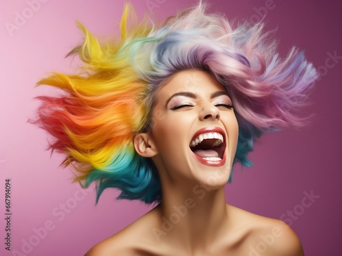 Exuberant Young Woman with Rainbow Hair Celebrating on Studio Backdrop. Generative ai