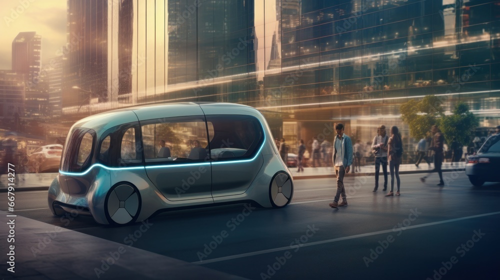 a Futuristic driverless minibus moving in a modern city with glass skyscrapers. Beautiful woman and senior man talking in driverless autonomous vehicle. - obrazy, fototapety, plakaty 