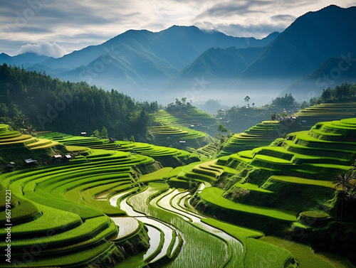 A serene Asian rice terrace surrounded by lush greenery and gently sloping landscapes.