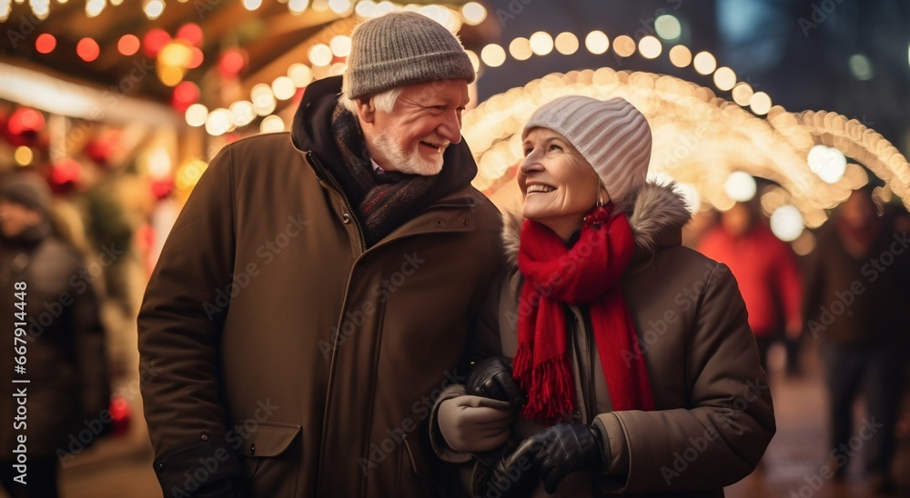 Elderly Couple Holding Hands Amidst Christmas Fair Lights. Generative ai