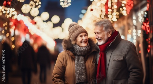 Elderly Couple Holding Hands Amidst Christmas Fair Lights. Generative ai