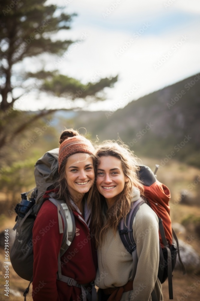 Portrait of a couple of mountaineer girls on a walk in the mountains during their vacation.