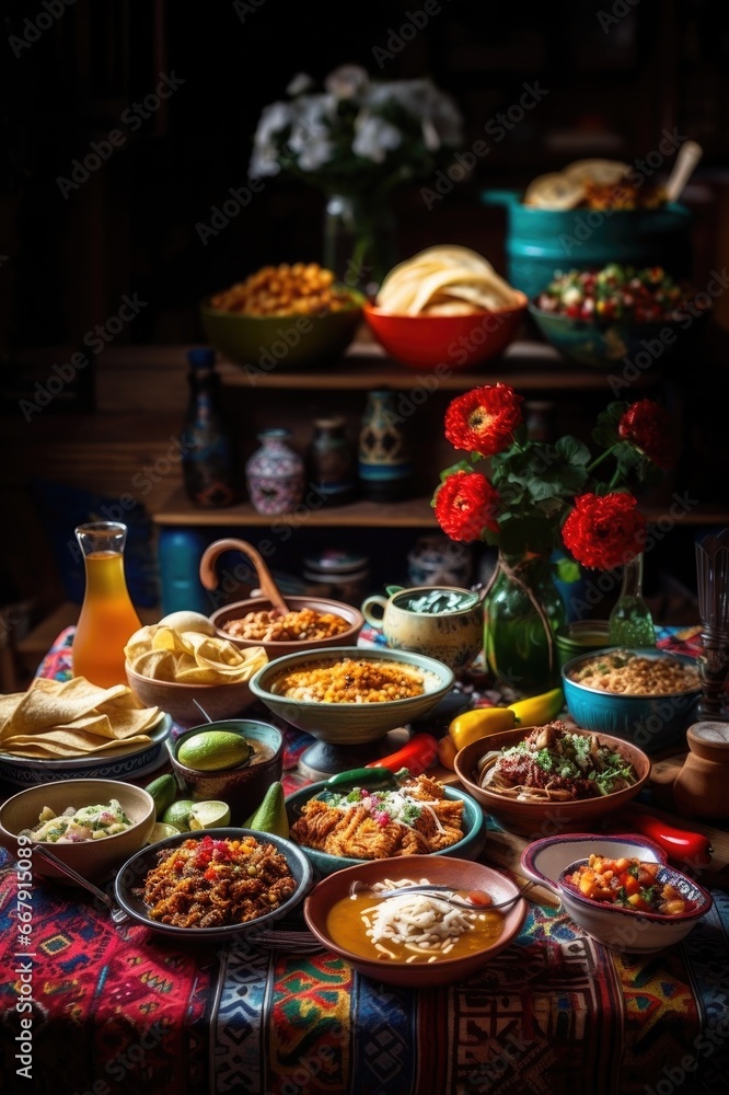 Mexican food table scene. Above view with Tacos, burrito plate, nachos, enchiladas, tortilla soup and salad. Copy space.