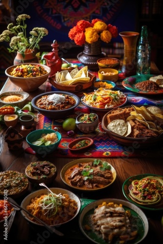 Mexican food table scene. Above view with Tacos  burrito plate  nachos  enchiladas  tortilla soup and salad. Copy space.