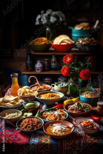 Mexican food table scene. Above view with Tacos, burrito plate, nachos, enchiladas, tortilla soup and salad. Copy space.