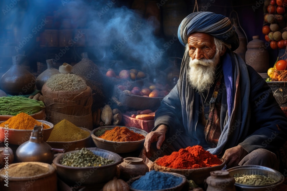 A traditional man in India Market. Colorful spices powders and herbs in traditional street market in Delhi. India.