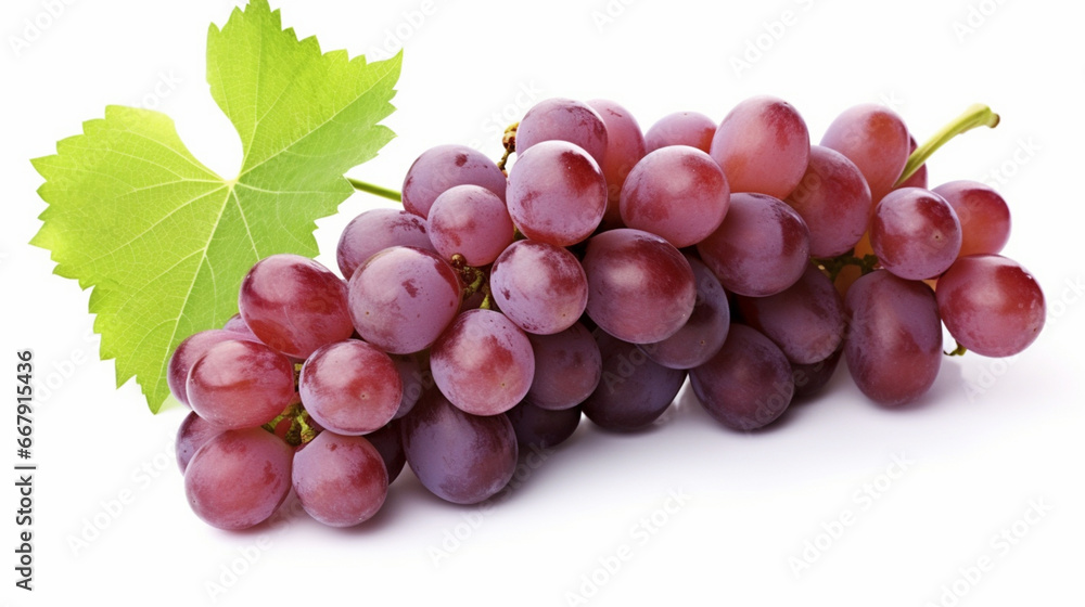 Ripe red wet grape with drops. Pink bunch with leaves isolated on white. generative ai Ripe red wet grape with drops. Pink bunch with leaves isolated on white. generative ai