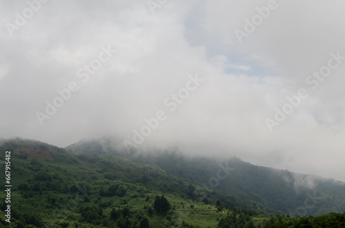 Clouds float in the mountains  high above sea level  green mountains