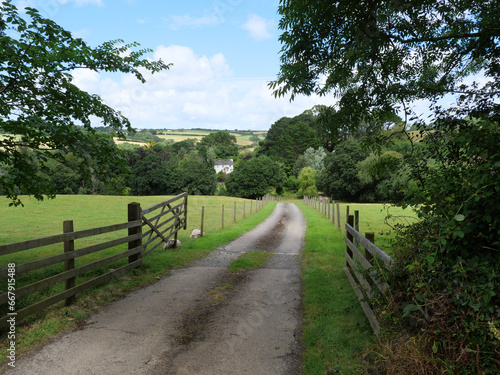 Weg zwischen Viehgattern und saftigen Weiden zu einem Anwesen bei St. Mawes Cornwall England © Brightlight