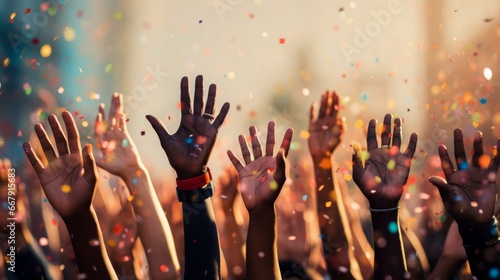 diverse hands reaching up against a background with confetti falling