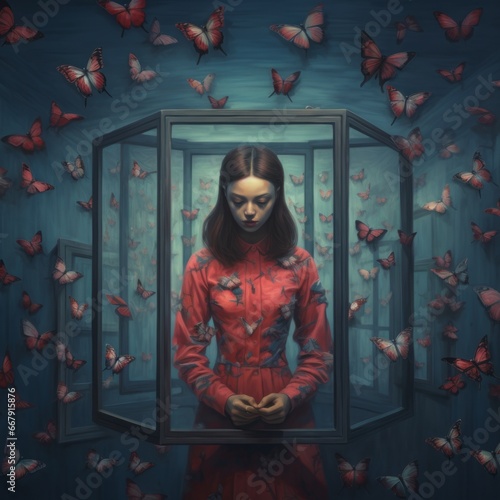 a woman in red dress standing in room with butterflies