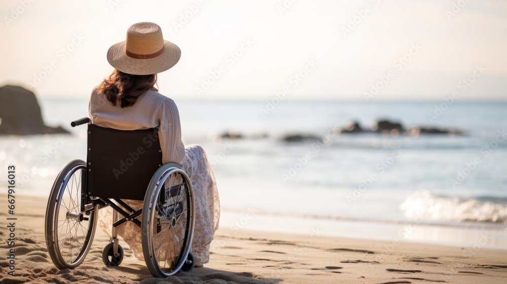 Woman sitting in a wheelchair on a sandy beach world disability day - obrazy, fototapety, plakaty 