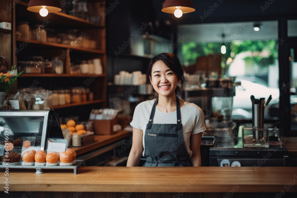 Young Asian female coffee shop owner standing behind counter, young beautiful woman selling coffee in a coffee shop